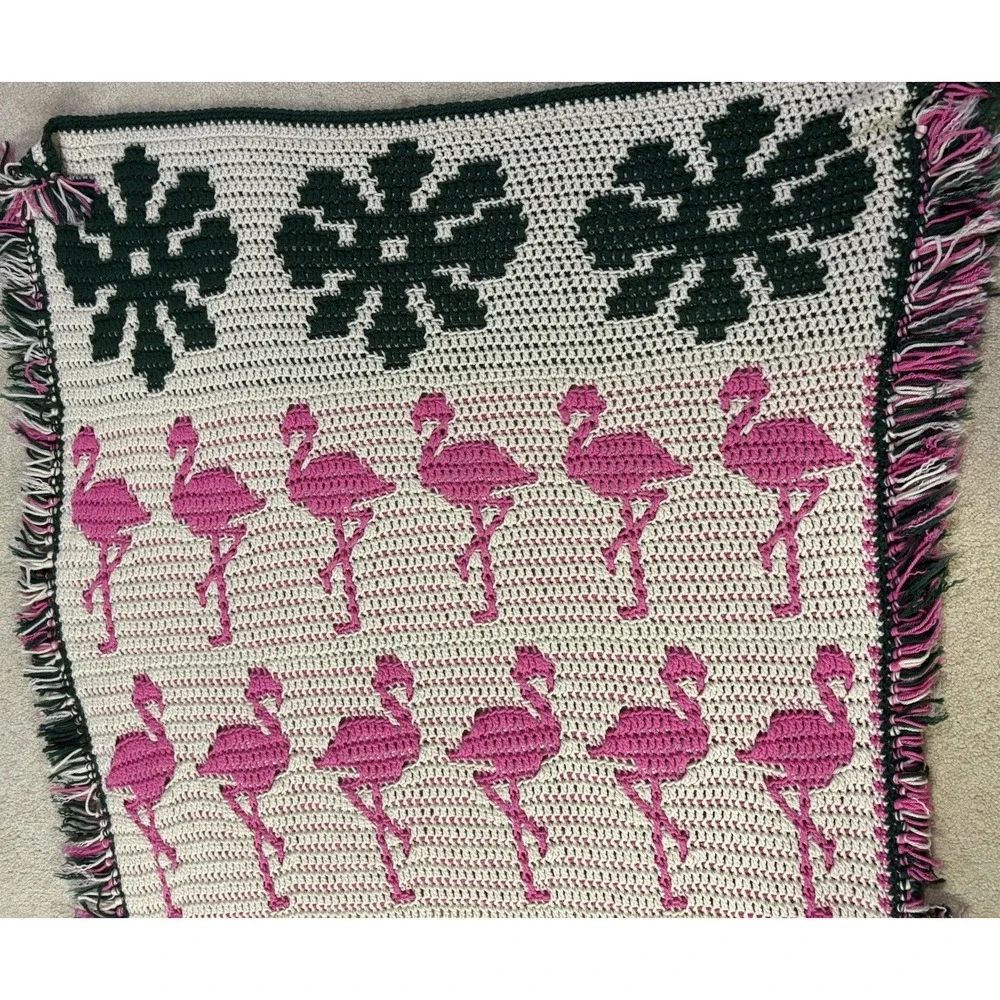 handmade crochet afghan blanket W/flamingo & monstera leaf border